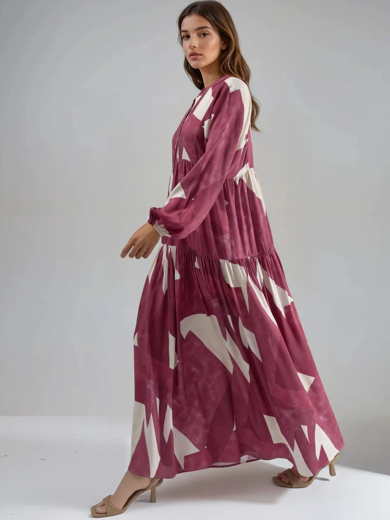 HICCUP Red Printed Long Sleeve Viscose Maxi Dress for Women | Best Price UAE